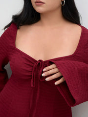 Sweetheart Knotted Texture Bell Sleeve Mini Dress Curve & Plus
