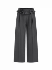 Mid Rise Ruffled Drawstring Wide Leg Trousers