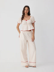 Cotton-blend Striped Puff Sleeve Bowknot Top & Mid Rise Wide Leg Loungewear Set