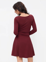 Cotton-blend Boat Neck Long Sleeve Ruched Flared Mini Dress