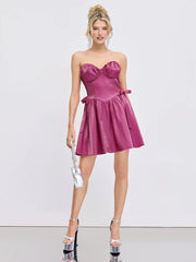 Satin Sweetheart Neckline Bowknot Ruffle Mini Dress