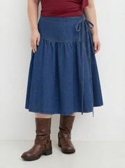 Denim Mid Rise Wrap Tie Side Midi Skirt Curve & Plus