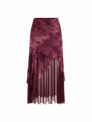 Mesh Mid Rise Floral Tie Dye Asymmetrical Hem Tulle Maxi Skirt