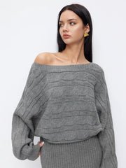 Cable Knit Off-shoulder Batwing Sleeve Split Midi Pencil Dress