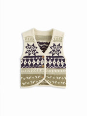 Knit V-neck Button Snowflake Fair Isle Vest