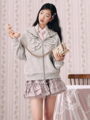 Terry Lettuce Trim Bowknot Zip Through Oversized Hoodie