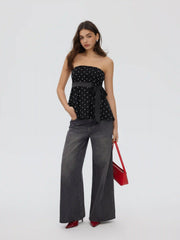 Cotton-blend Polka Dot Satin Bow Belt Bandeau Top