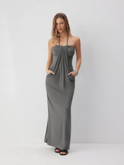 High Stretch Viscose Halter Neck Drawstring A-line Maxi Dress