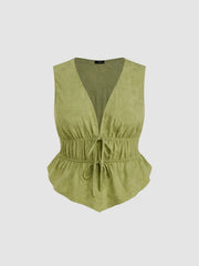 Cotton-blend V-neck Tie Front Shirred Blouse Curve & Plus