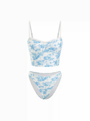 Sweetheart Floral Lace Trim Ruched Tankini Low Rise Cheeky Bikini Set