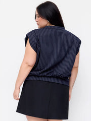 Stripe Stand Collar Sleeveless Oversized Top Curve & Plus