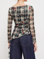 Mesh Boat Neck Rose Plaid Ruffle Hem Top