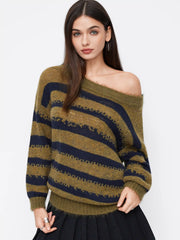Knit Wool-blend Striped Asymmetrical Neck Oversized Sweater