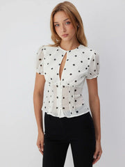 Chiffon Polka Dot Puff Sleeve Cut Out Ruched Blouse