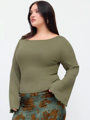 Boat Neck Long Sleeve Top & Mid Rise Floral Ruched Maxi Skirt Set Curve & Plus