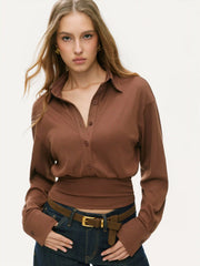 Collar Button Cinched Waist Long Sleeve Top