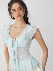 Textured V-neck Ruffle Sleeve Twist Knotted Ruffle Hem Longline Top
