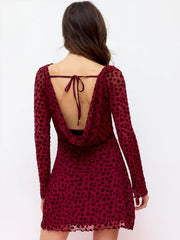 Mesh Heart Boat Neck Bell Sleeve Flocking Mini Dress