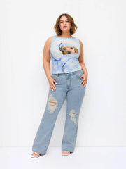 Cotton-blend Dog Graphic Checks Tank Top Curve & Plus