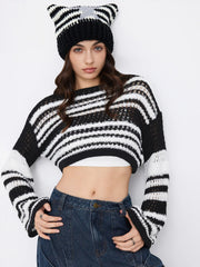 Knit Striped Boat Neck Hollow Out See-through Oversized Crop Top