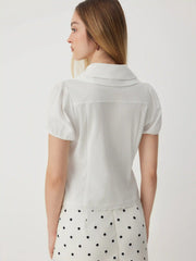 Cotton Peter Pan Collar Puff Sleeve Bowknot Lace Trim Blouse
