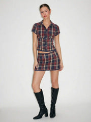 Cotton Plaid Collar Short Sleeve Blouse & Mid Rise Lace Trim Bowknot Mini Skirt Set