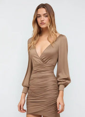 Solid Ruched V-neck Mini Dress