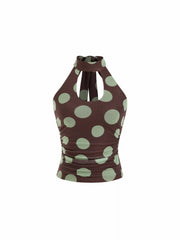 Mesh Polka Dot Halter Neckline Ruched Top