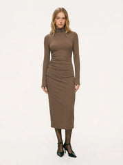 High Neck Solid Ruched Midi Dress