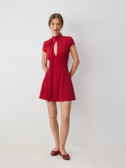 High Stretch Solid Stand Collar Cut Out A-line Mini Dress With Scarf