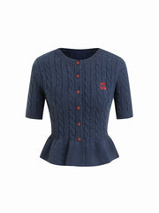 Cable Knit Cherry Embroidery Round Neckline Ruffled Hem Top