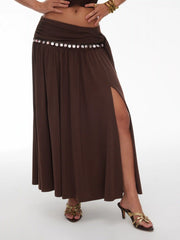Mid Rise Wrap Metal Detail Split Flared Maxi Skirt