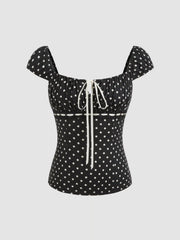 Square Neck Polka Dot Knotted Short Sleeve Top