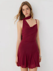 Mesh Halter Neckline Ruched Ruffle Hem Mini Dress With Scarf