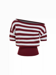 Knit Stripe Asymmetrical Neck Short Sleeve Top