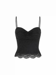 Lace V-neck Scallop Trim Ruched Cami Top