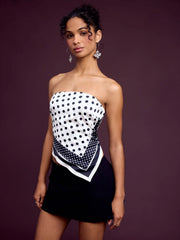 Polka Dot Strapless Shirred Asymmetrical Hem Bandeau Top