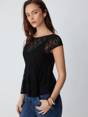 Lace Boat Neck Short Sleeve Backless Blouse & Cami Top Set