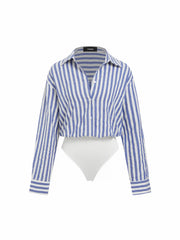 Linen-blend Long Sleeve Striped Color-Blocking Shirt Bodysuit