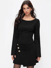 Boat Neck Bell Sleeve Ruched Mini Dress With Metal Button