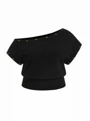 Cotton-blend Asymmetrical Neck Studded Tee Curve & Plus