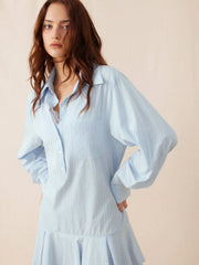 Striped Mid Rise Pleated Knotted Mini Shirt Dress