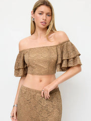 Lace Off-shoulder Ruffle Sleeve Shirred Crop Top