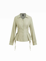 Cotton-blend Striped Collar Long Sleeve Lace Up Cinched Waist Shirt