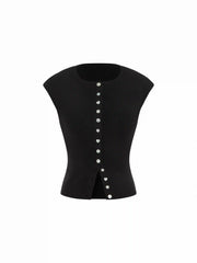 Knit Round Neck Button Front Top
