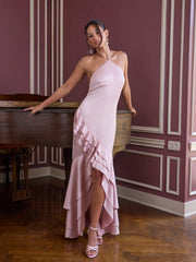 Satin Halter Neckline Ruffle Hem Maxi Split Dress