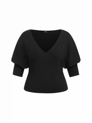 Cotton-blend V-neck Middle Lantern Sleeve Top Curve & Plus