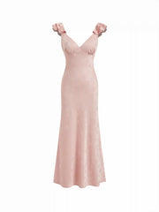 Satin Jacquard V-neck Ruffle Maxi Dress