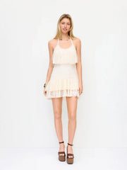 Lace Halter Neckline Ruffled Layered A-line Mini Dress