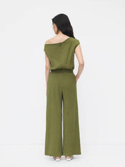 Asymmetrical Neck Texture Drawstring Knotted Jumpsuit